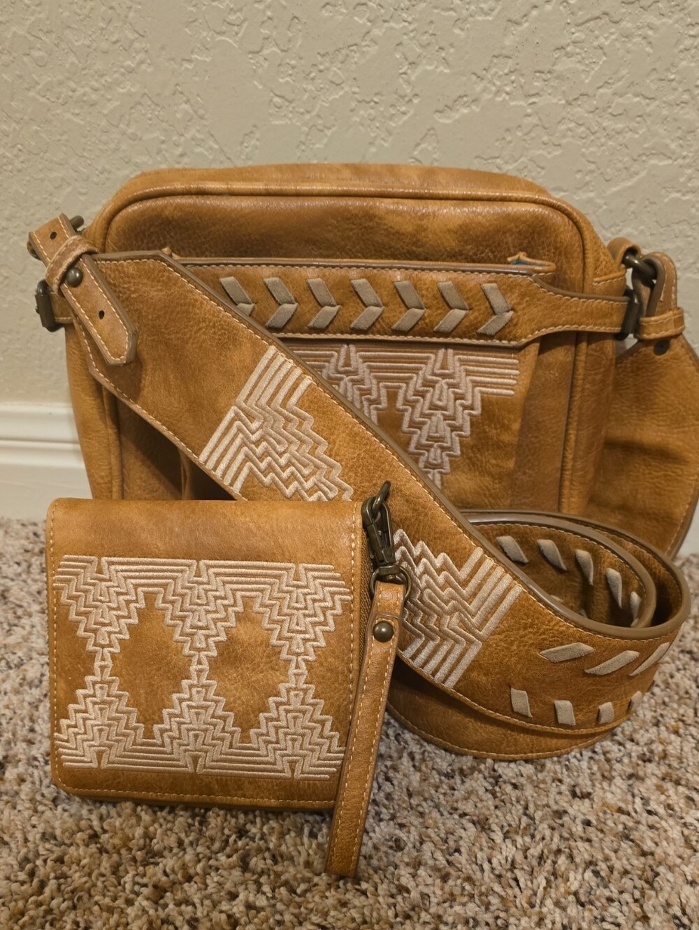 Embroidered Tan Leather Crossbody with Matching Wallet